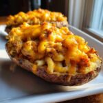 Close-up of a baked potato skin overflowing with creamy Chili Mac Stuffed Potato Skins and melted cheddar cheese.