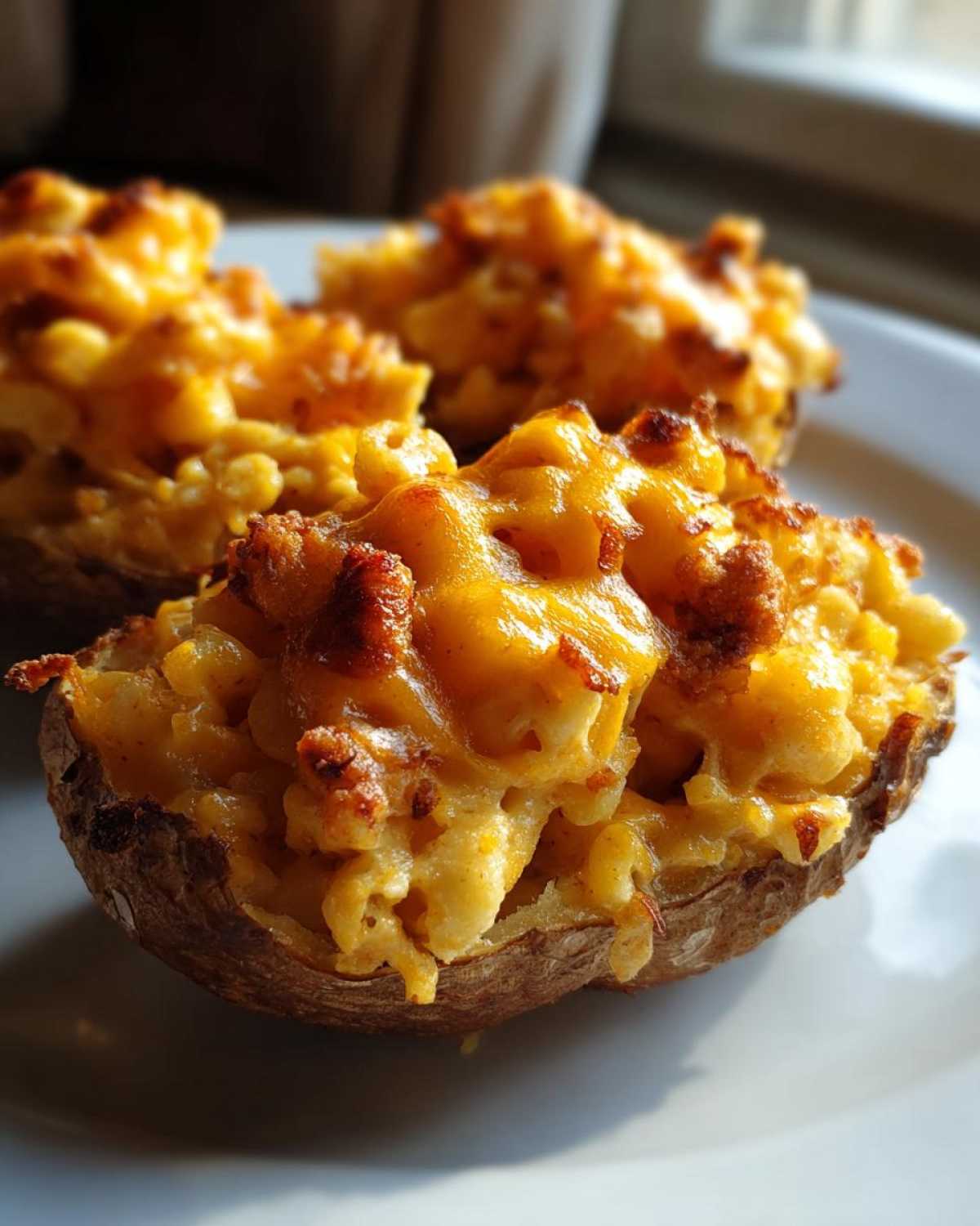 Close-up of baked potato skins overflowing with cheesy Chili Mac Stuffed Potato Skins filling.