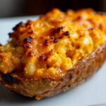 Close-up of a baked potato skin generously filled with cheesy Chili Mac Stuffed Potato Skins mixture.