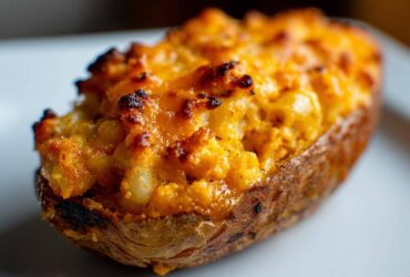 Close-up of a baked potato skin generously filled with cheesy Chili Mac Stuffed Potato Skins mixture.