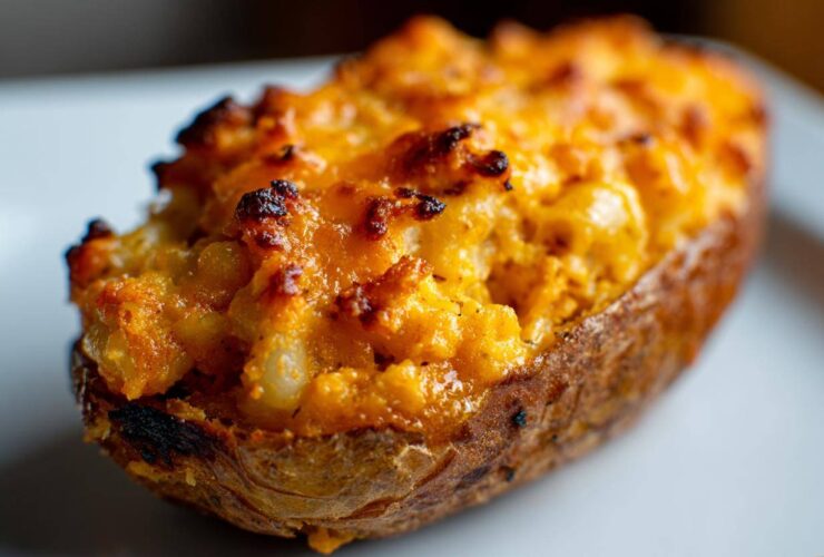 Close-up of a baked potato skin generously filled with cheesy Chili Mac Stuffed Potato Skins mixture.
