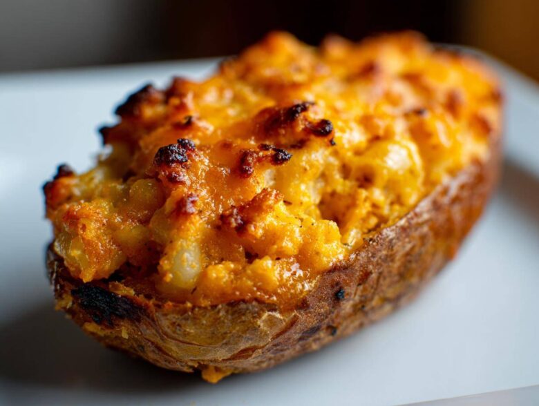 Close-up of a baked potato skin generously filled with cheesy Chili Mac Stuffed Potato Skins mixture.