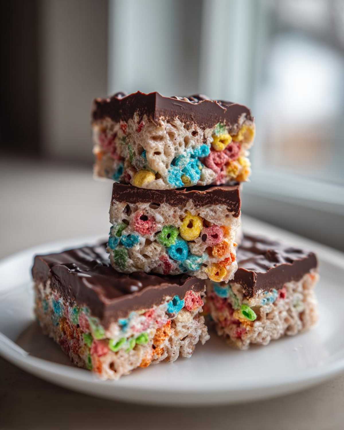 Three stacked Chocolate Dipped Lucky Charms Marshmallow Bars with colorful cereal visible in the base.