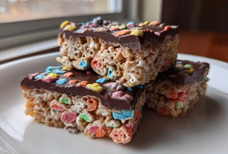 Three stacked Chocolate Dipped Lucky Charms Marshmallow Bars topped with colorful cereal pieces on a white plate.