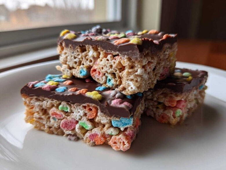 Three stacked Chocolate Dipped Lucky Charms Marshmallow Bars topped with colorful cereal pieces on a white plate.