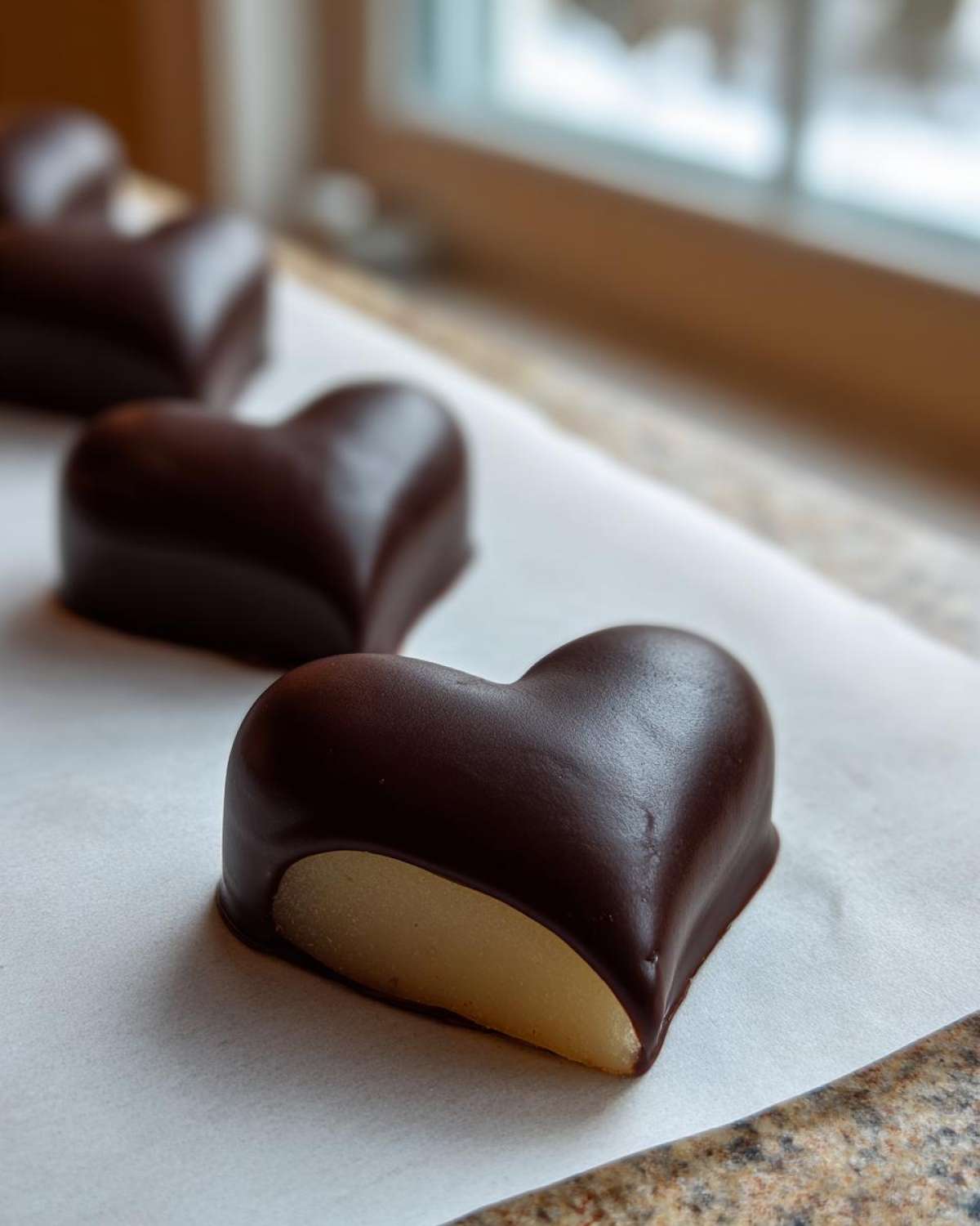 Close-up of a heart-shaped treat showing the light-colored pear filling partially exposed beneath the dark chocolate coating of the Chocolate Dipped Pear Hearts.
