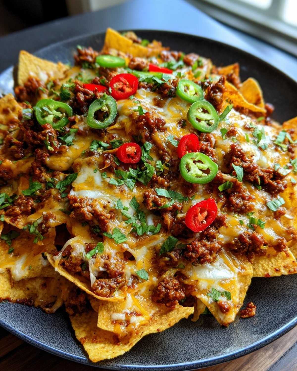 A close-up of fully loaded Chorizo and Potato Nachos topped with melted cheese, fresh cilantro, and sliced red and green chili peppers.