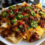 A close-up of a plate piled high with Chorizo and Potato Nachos, covered in melted cheese, spicy chorizo, and fresh jalapeño slices.