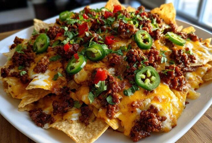 A close-up of a plate piled high with Chorizo and Potato Nachos, covered in melted cheese, spicy chorizo, and fresh jalapeño slices.