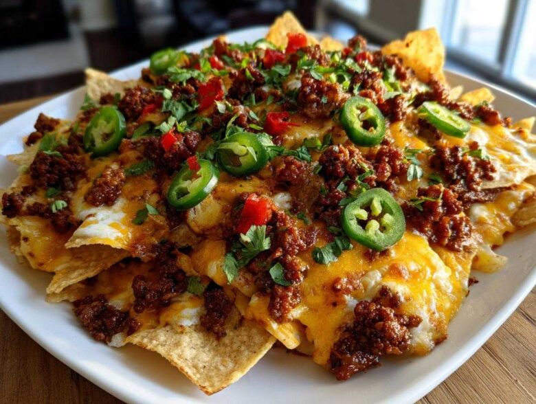 A close-up of a plate piled high with Chorizo and Potato Nachos, covered in melted cheese, spicy chorizo, and fresh jalapeño slices.