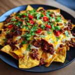 A close-up of fully loaded Chorizo and Potato Nachos covered in melted cheese, meat, and fresh chili.