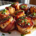 Close-up of perfectly seared Cilantro Lime Bacon Wrapped Scallops garnished with herbs on a white plate.