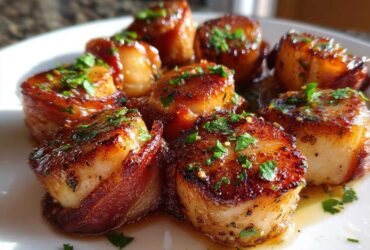 Close-up of perfectly seared Cilantro Lime Bacon Wrapped Scallops garnished with herbs on a white plate.