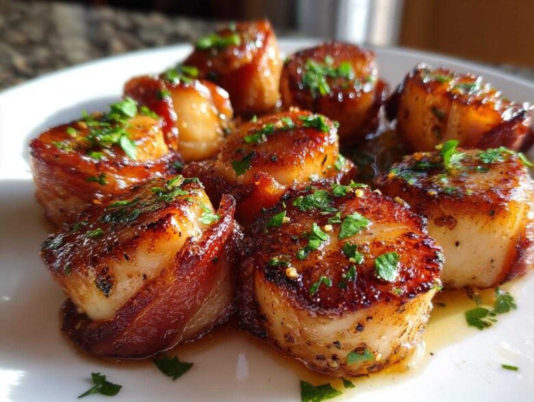 Close-up of perfectly seared Cilantro Lime Bacon Wrapped Scallops garnished with herbs on a white plate.