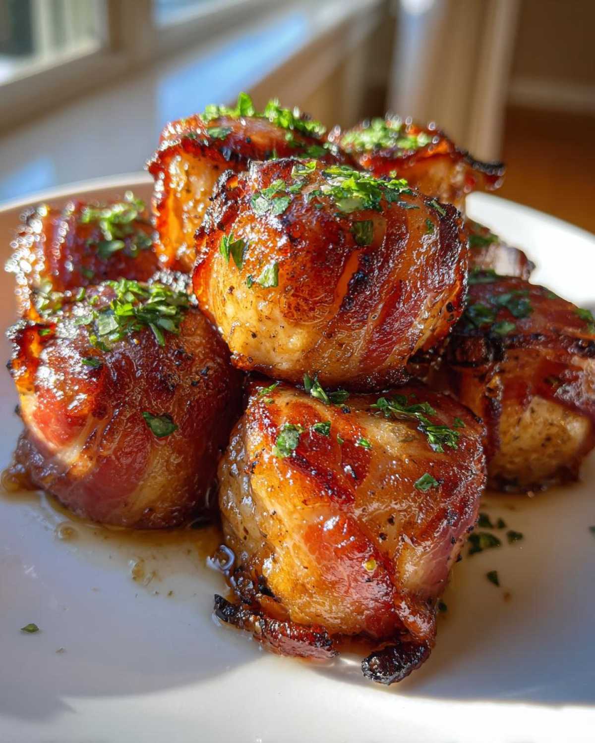 A stack of perfectly cooked Cilantro Lime Bacon Wrapped Scallops glistening with glaze and topped with fresh herbs.