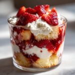 Close-up of a layered Classic Strawberry Shortcake Trifles dessert in a glass with cake, whipped cream, and fresh strawberries.