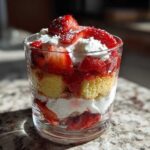 A close-up of Classic Strawberry Shortcake Trifles layered with cake, whipped cream, and fresh strawberries in a clear glass.