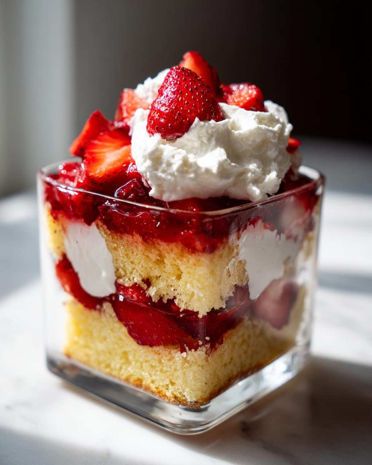 Layers of cake, macerated strawberries, and whipped cream forming Classic Strawberry Shortcake Trifles in a clear glass.