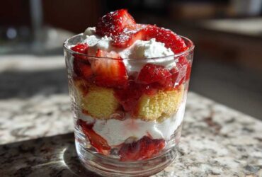 A close-up of Classic Strawberry Shortcake Trifles layered with cake, whipped cream, and fresh strawberries in a clear glass.
