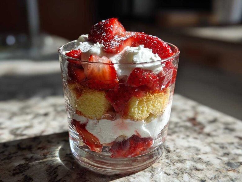 A close-up of Classic Strawberry Shortcake Trifles layered with cake, whipped cream, and fresh strawberries in a clear glass.