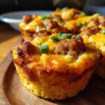 A close-up of a baked Cornbread and Sausage Pig Shot topped with melted cheese and green onions.