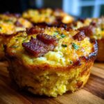 Close-up of a golden baked Cornbread and Sausage Pig Shots muffin topped with crispy sausage pieces and herbs.