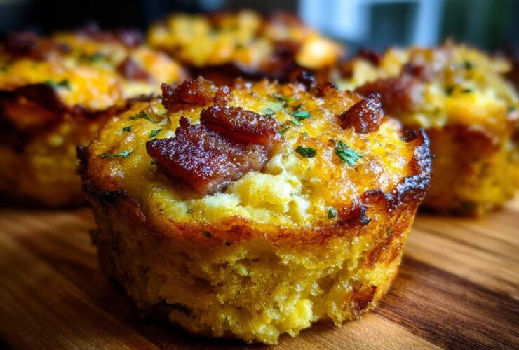 Close-up of a golden baked Cornbread and Sausage Pig Shots muffin topped with crispy sausage pieces and herbs.