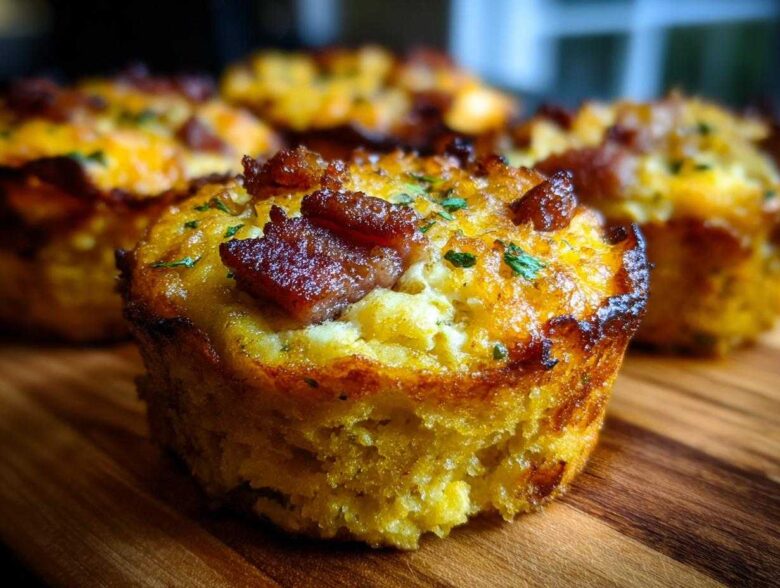 Close-up of a golden baked Cornbread and Sausage Pig Shots muffin topped with crispy sausage pieces and herbs.