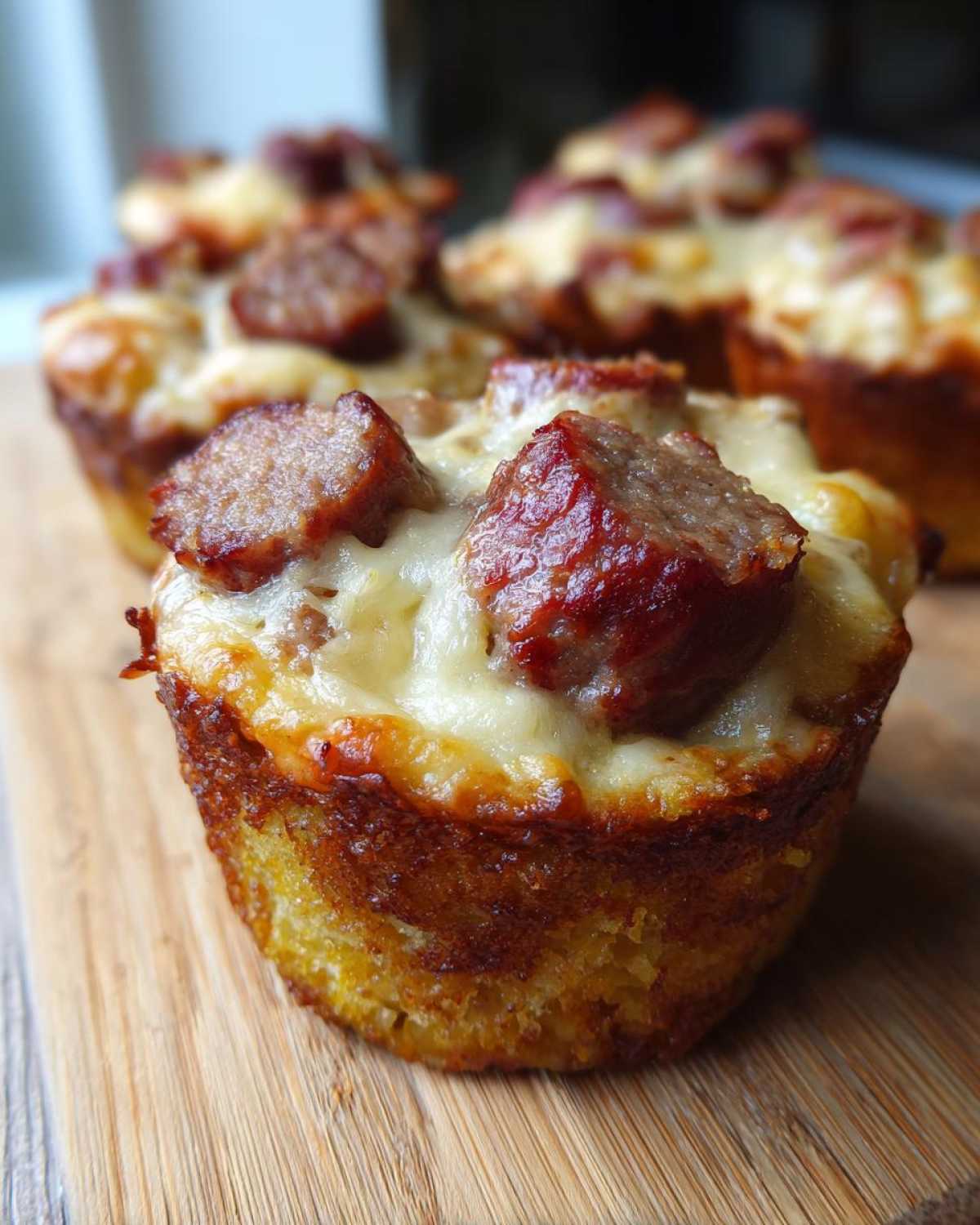 A close-up of a baked Cornbread and Sausage Pig Shots muffin, topped with melted cheese and chunks of sausage.