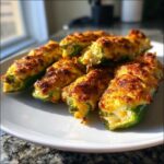 A plate of freshly baked Cornbread Stuffed Jalapeno Poppers with a golden, crispy topping.