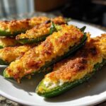 Close-up of freshly baked Cornbread Stuffed Jalapeno Poppers with a golden, crispy topping served on a white plate.