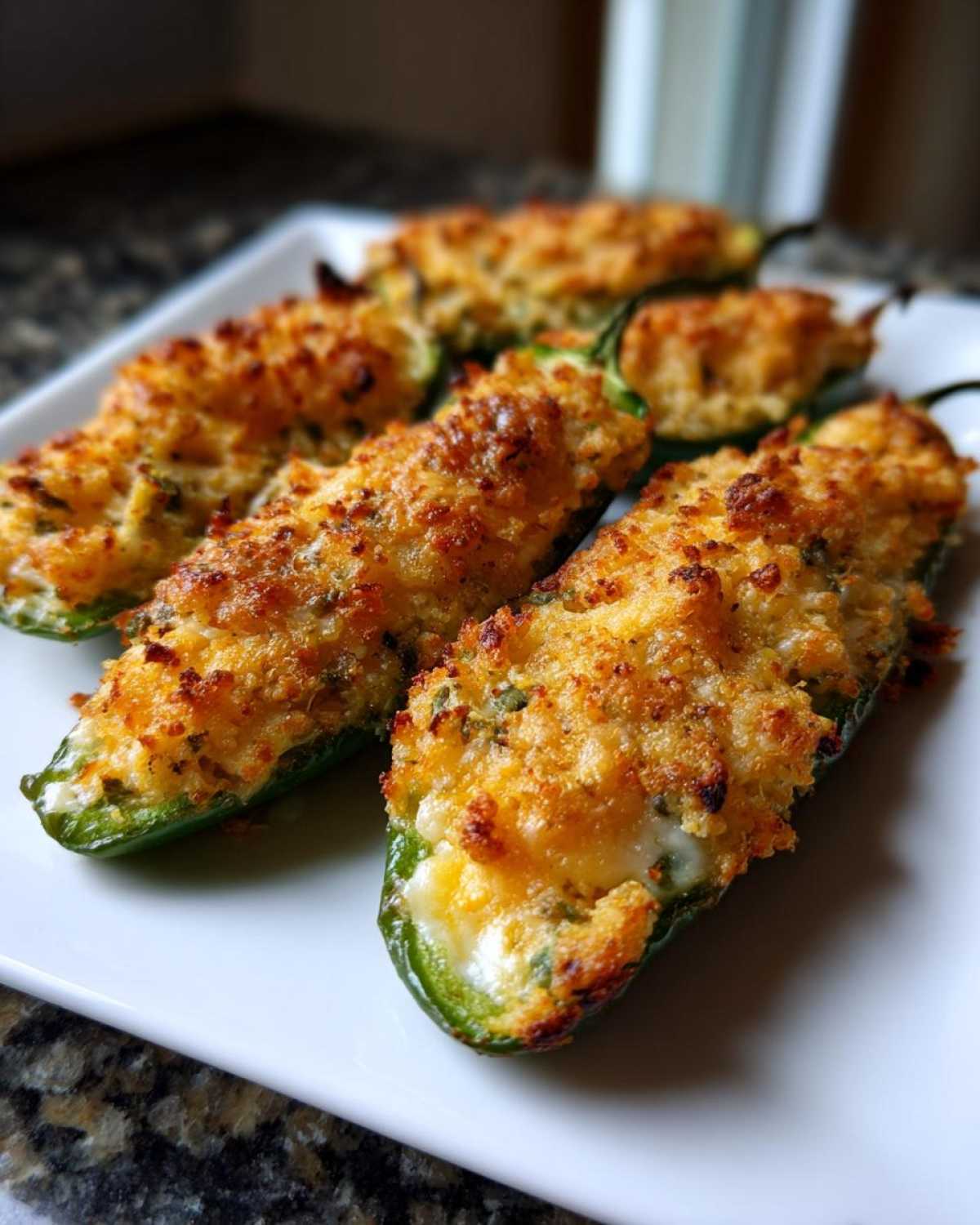 Close-up of baked Cornbread Stuffed Jalapeno Poppers with a golden, crispy topping served on a white rectangular plate.