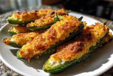Close-up of freshly baked Cornbread Stuffed Jalapeno Poppers with a golden, crispy topping served on a white plate.