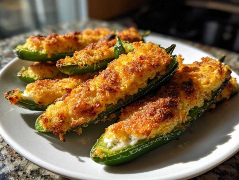 Close-up of freshly baked Cornbread Stuffed Jalapeno Poppers with a golden, crispy topping served on a white plate.