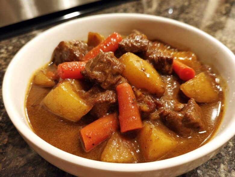 Close-up of a white bowl filled with rich Cowboy Beef Stew with Hearty Vegetables, featuring chunks of beef, potatoes, and carrots.
