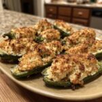 A platter of baked Crab Stuffed Jalapeno Poppers with crispy, golden breadcrumb topping.