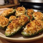 A plate filled with baked Crab Stuffed Jalapeño Poppers, featuring a creamy filling and a crispy, golden breadcrumb topping.