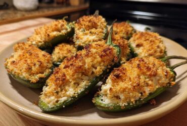 A plate filled with baked Crab Stuffed Jalapeño Poppers, featuring a creamy filling and a crispy, golden breadcrumb topping.