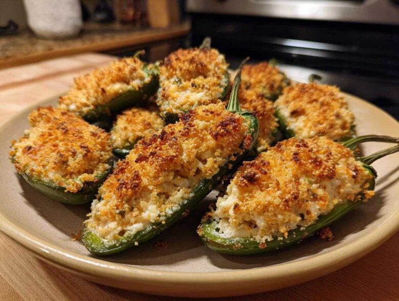 A plate filled with baked Crab Stuffed Jalapeño Poppers, featuring a creamy filling and a crispy, golden breadcrumb topping.
