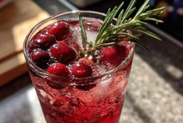Close-up of a vibrant Cranberry Rosemary Sparkling Spritz garnished with fresh cranberries and a rosemary sprig.