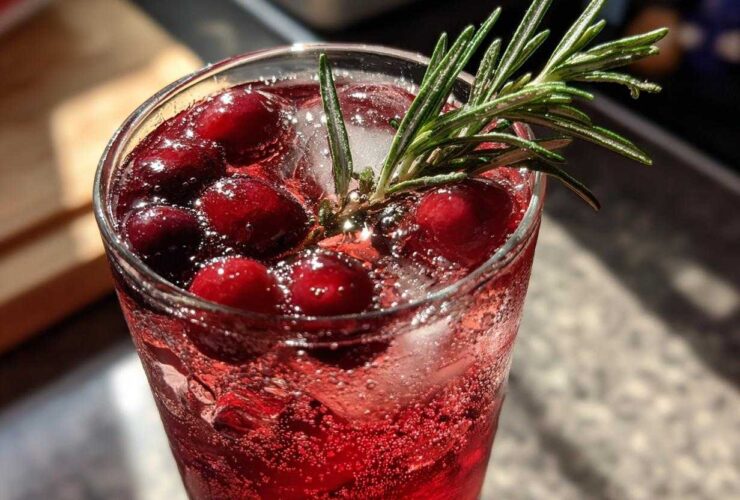 Close-up of a vibrant Cranberry Rosemary Sparkling Spritz garnished with fresh cranberries and a rosemary sprig.