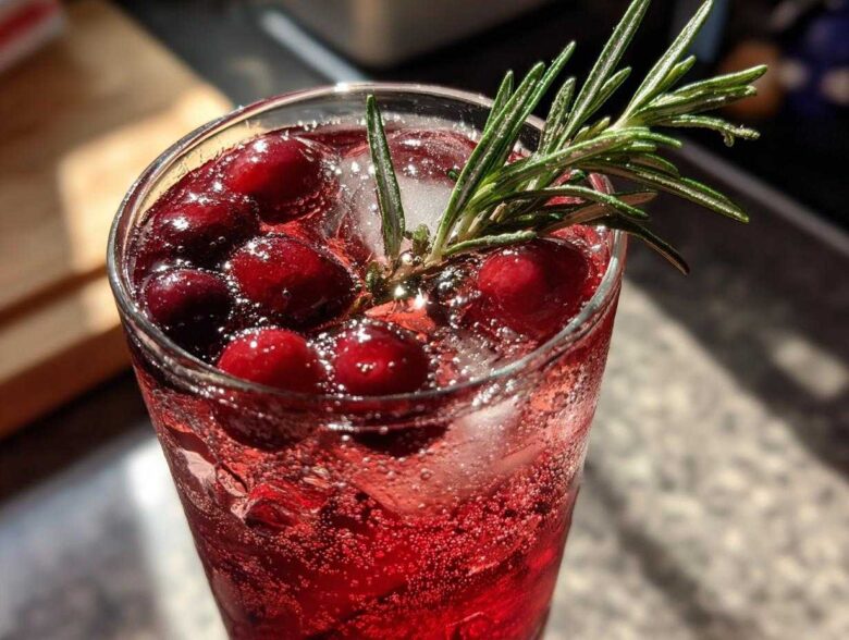 Close-up of a vibrant Cranberry Rosemary Sparkling Spritz garnished with fresh cranberries and a rosemary sprig.