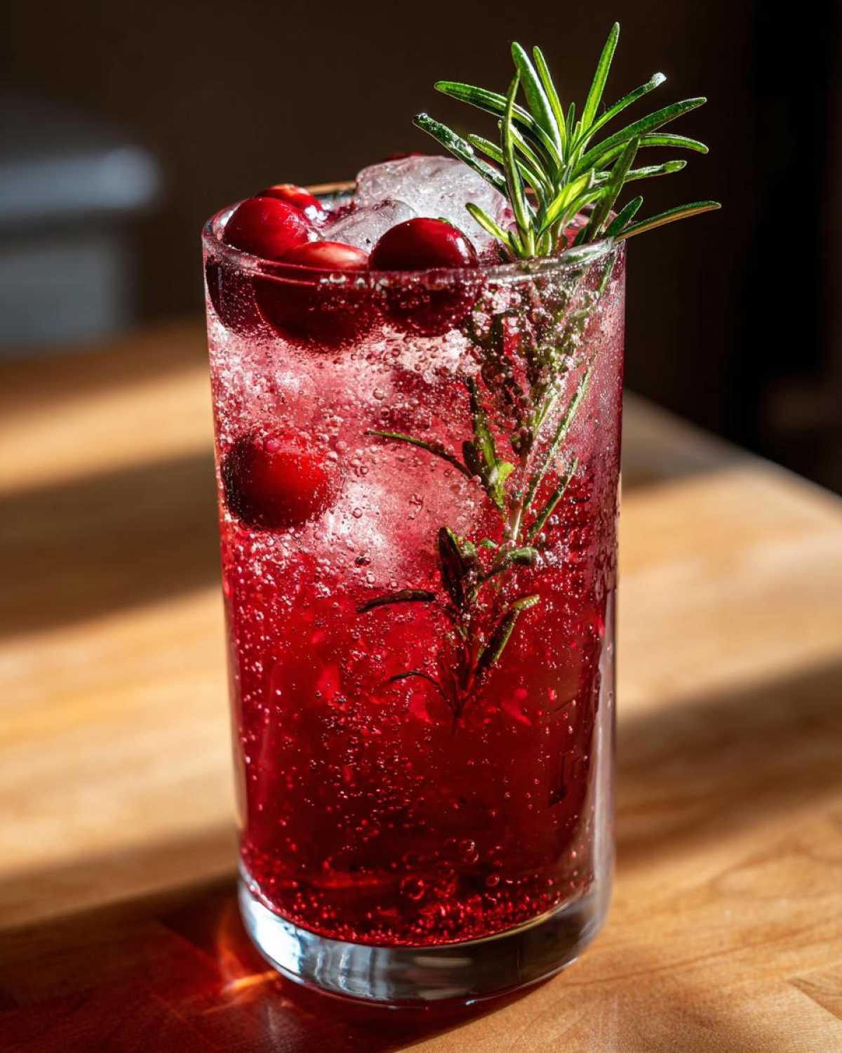 A tall glass filled with a vibrant red Cranberry Rosemary Sparkling Spritz, garnished with fresh cranberries and a sprig of rosemary.