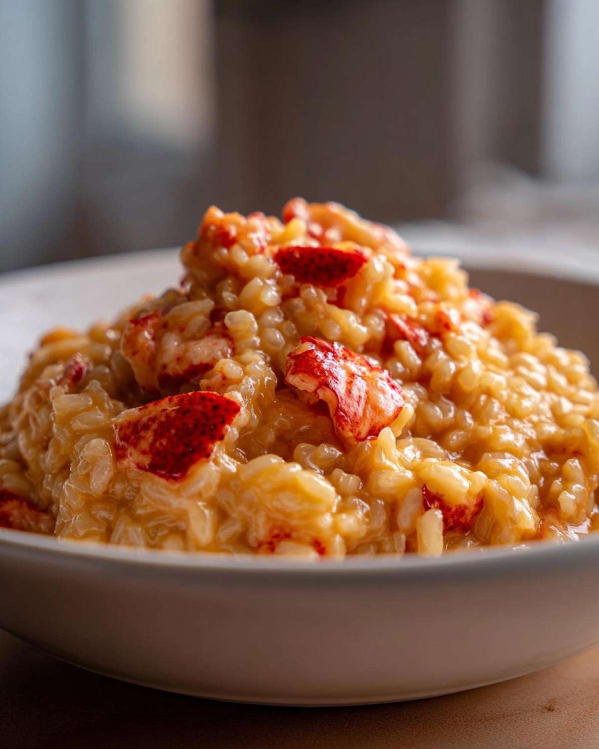 A close-up of rich, creamy lobster risotto topped with bright red pieces of lobster meat.