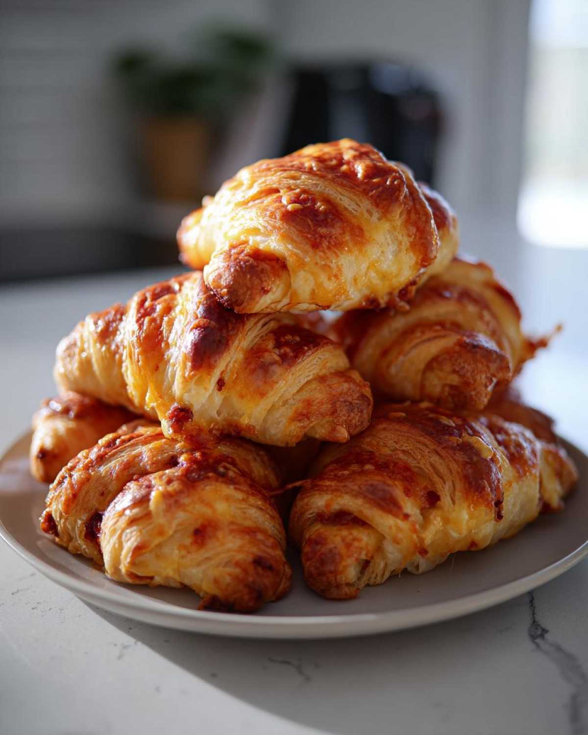 A stack of freshly baked Crescent Roll Chorizo Bites, golden brown and cheesy, piled on a light gray plate.