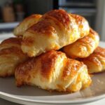 A stack of golden, flaky Crescent Roll Chorizo Bites piled high on a light gray plate.