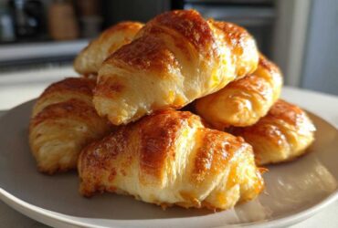 A stack of golden, flaky Crescent Roll Chorizo Bites piled high on a light gray plate.