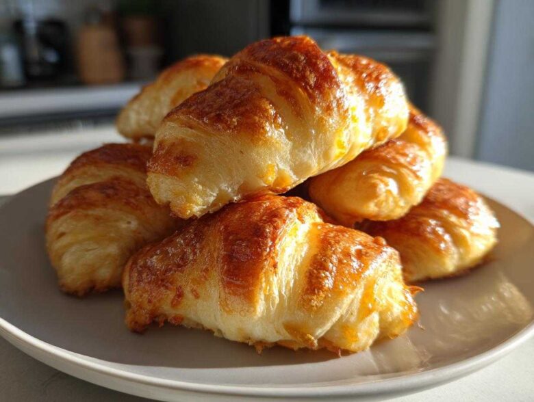 A stack of golden, flaky Crescent Roll Chorizo Bites piled high on a light gray plate.
