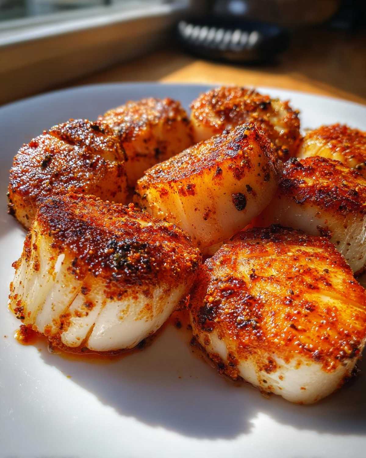 Close-up of golden brown, perfectly seared Curry Rubbed Pan Seared Scallops on a white plate.