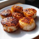 Six perfectly seared Curry Rubbed Pan Seared Scallops with a golden-brown crust on a white plate.